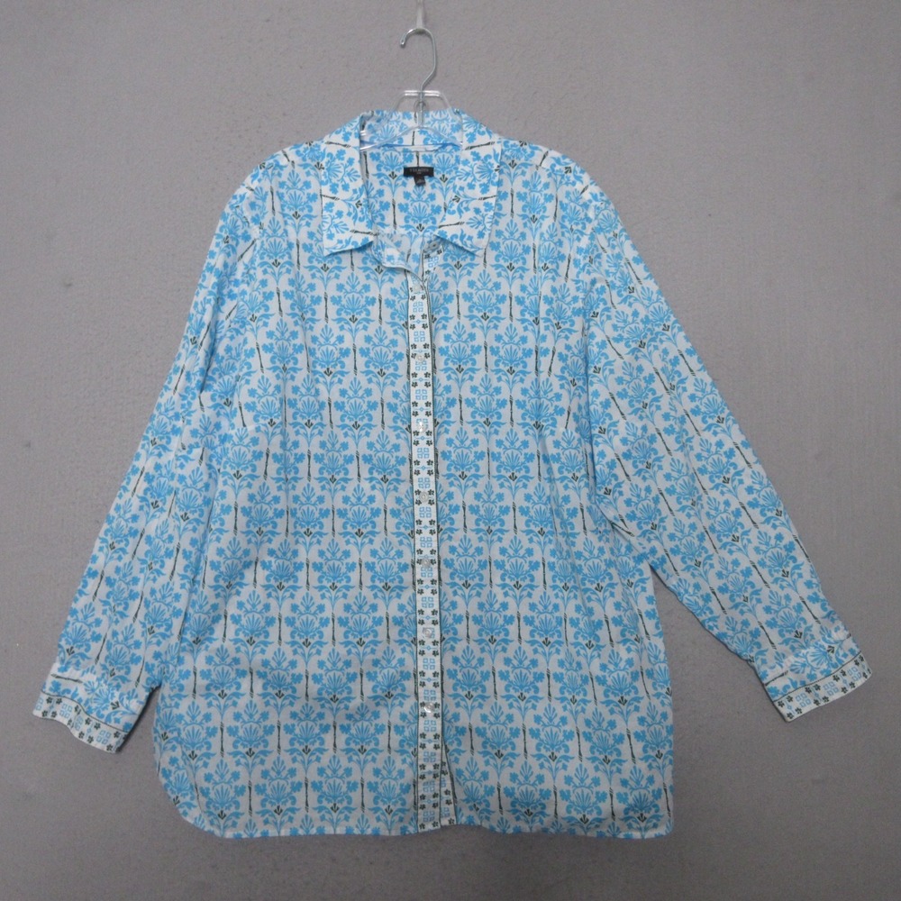 Talbots Top Plus 3X Blue Damask Bouquet Button Up Career Office Timeless